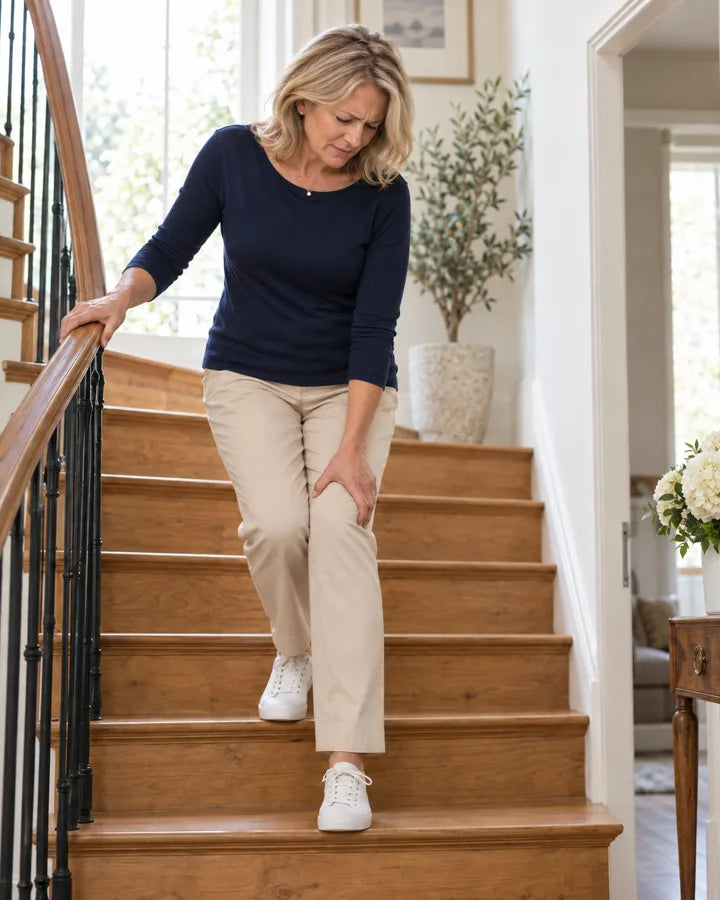 Femme descendant prudemment les escaliers en tenant son genou